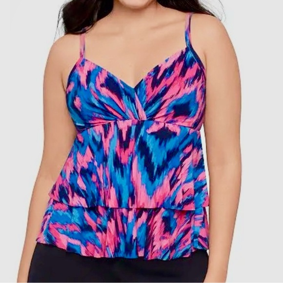 Trimshaper Other - TrimShaper Pink and Blue Two Tier Ruffle Tankini Top Swim Women’s Size 18 NWT
